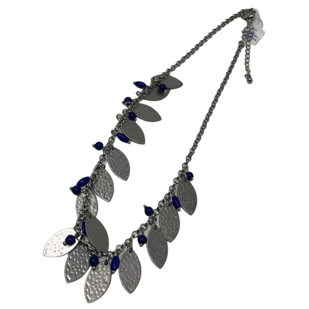 Lia Sophia‎ Necklace Silver Tone Leaves Blue Beads Boho 18-21